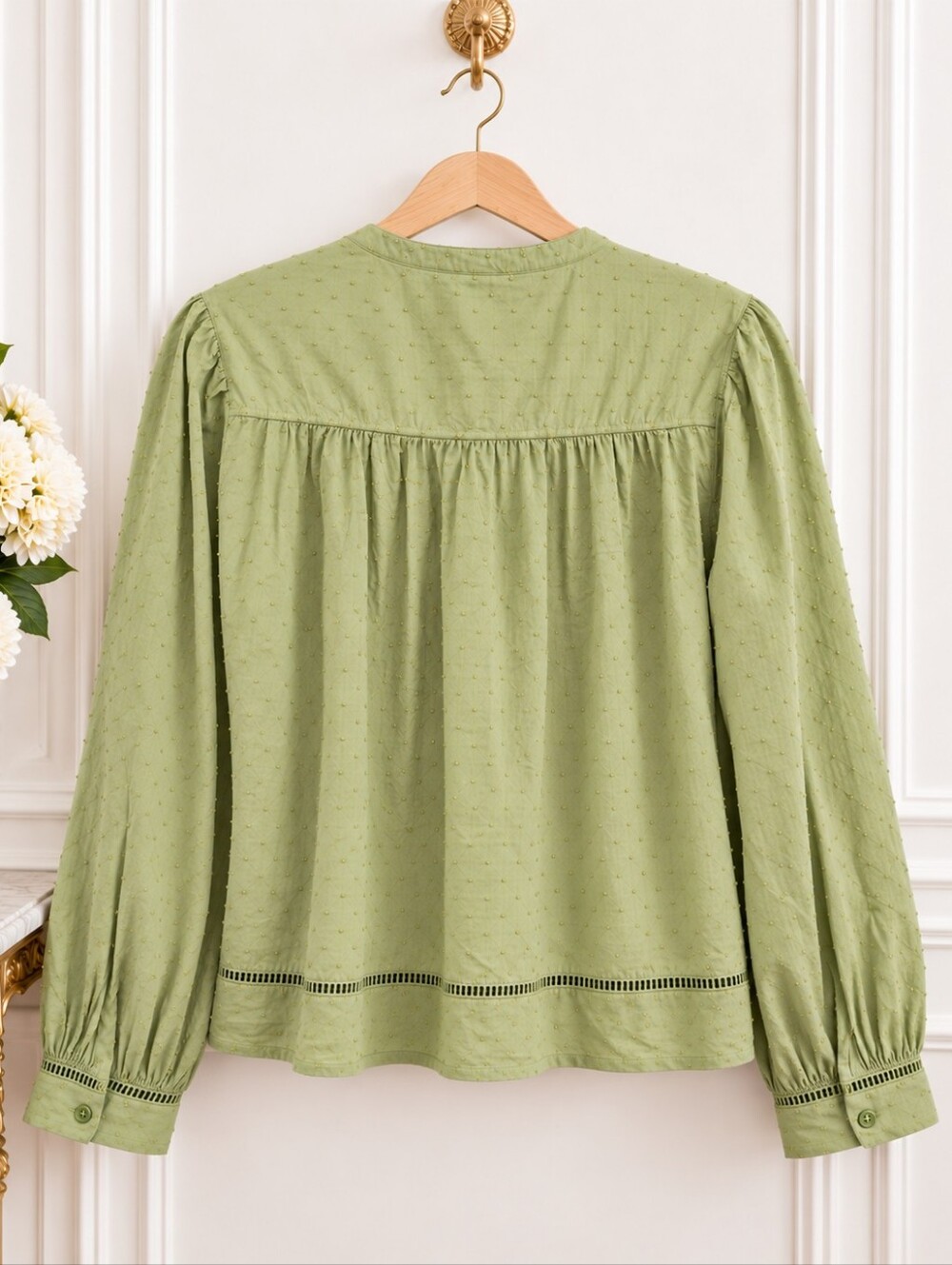 Old Navy Green Swiss Dot Pintuck Button Front Cotton Blouse | Size Medium - Picture 6 of 9